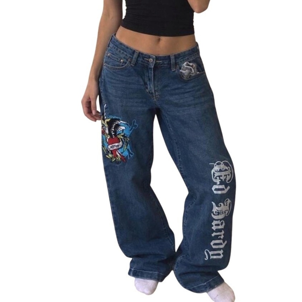 Ed Hardy Womens Y2K Wide Leg Jeans Embroidered NWT Size 28